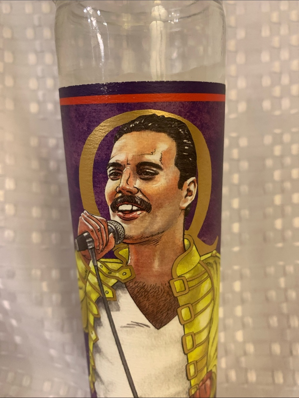 Freddie Mercury Devotional Candle - lit once, 8 inches tall.
